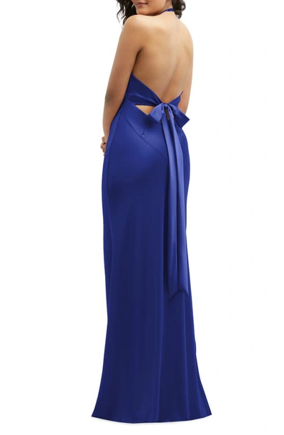 After Six Plunge Neck Charmeuse Halter Gown In Cobalt Blue
