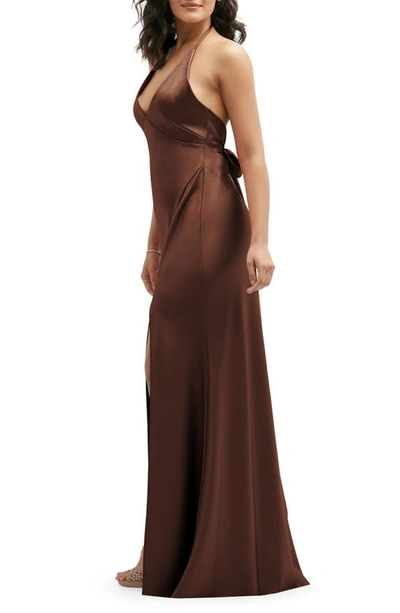 Shop After Six Plunge Neck Charmeuse Halter Gown In Cognac