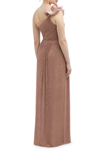 After Six Ruffle One-shoulder Metallic Column Gown In Sienna Metallic