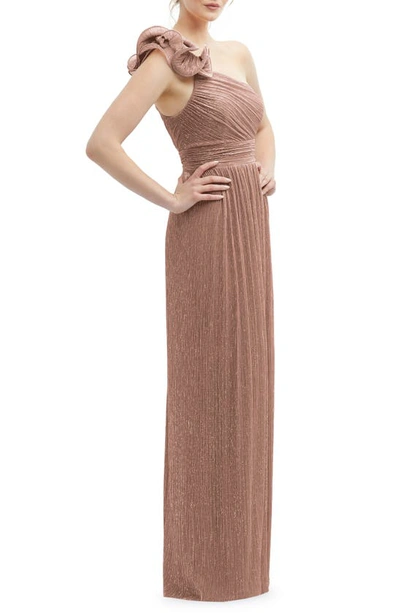 After Six Ruffle One-shoulder Metallic Column Gown In Sienna Metallic