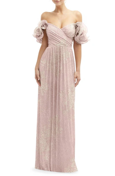 Shop After Six Ruffle Off The Shoulder Metallic Column Gown In Pink Gold