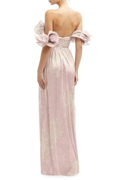 After Six Ruffle Off The Shoulder Metallic Column Gown In Pink Gold