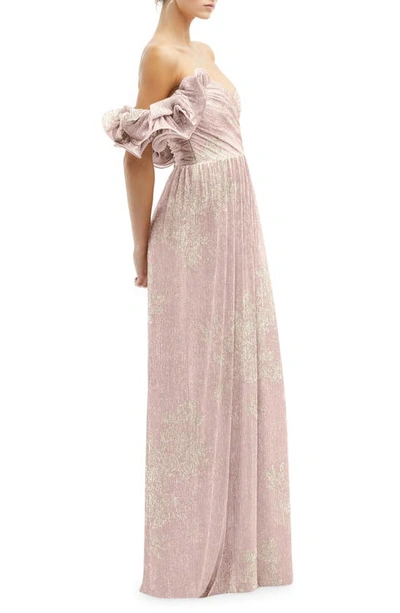 Shop After Six Ruffle Off The Shoulder Metallic Column Gown In Pink Gold