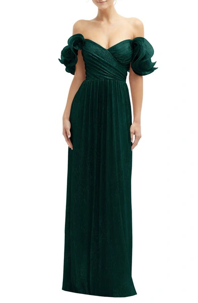 After Six Ruffle Off The Shoulder Metallic Column Gown In Evergreen Metallic