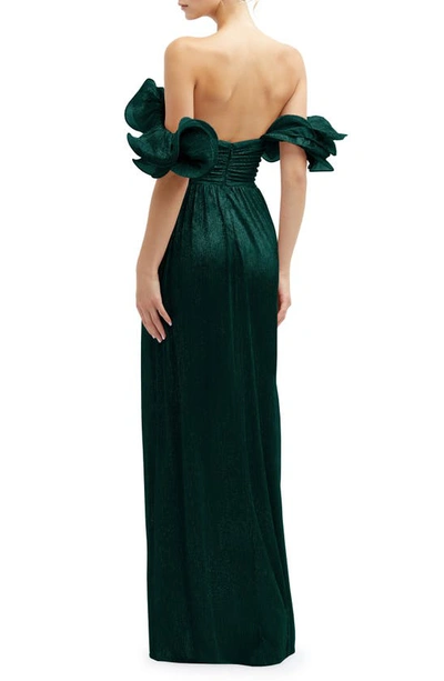 After Six Ruffle Off The Shoulder Metallic Column Gown In Evergreen Metallic