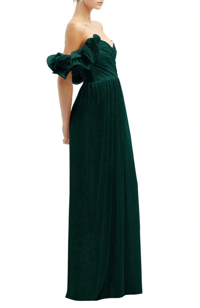 After Six Ruffle Off The Shoulder Metallic Column Gown In Evergreen Metallic