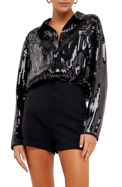 Shop Endless Rose Sequin Button-up Shirt In Black