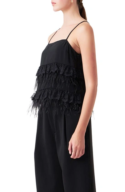 Endless Rose Women's Lace & Feather Trim Tank Top In Black