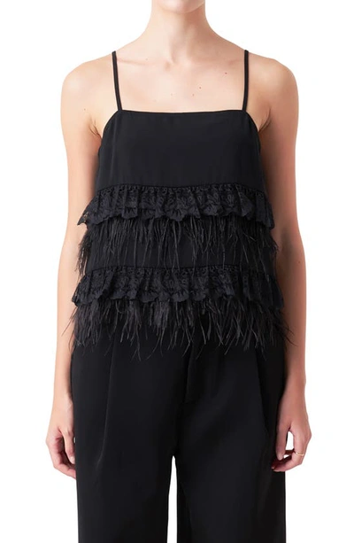 Endless Rose Women's Lace & Feather Trim Tank Top In Black