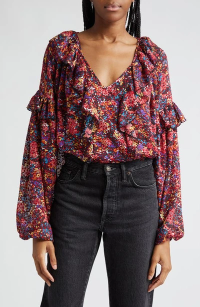 Shop Ramy Brook Lana Floral Print Ruffle Top In Soiree Red Floral Burnout