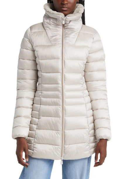 Save The Duck Caroline Faux Fur Collar Longline Puffer Jacket In Rainy Beige