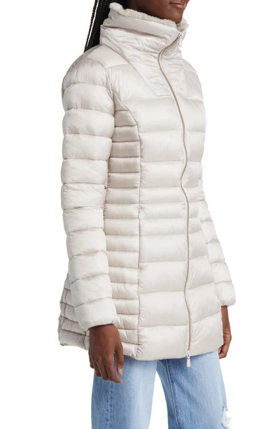 Save The Duck Caroline Faux Fur Collar Longline Puffer Jacket In Rainy Beige