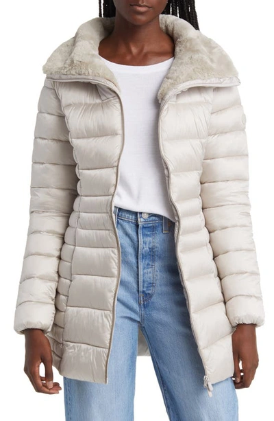 Save The Duck Caroline Faux Fur Collar Longline Puffer Jacket In Rainy Beige