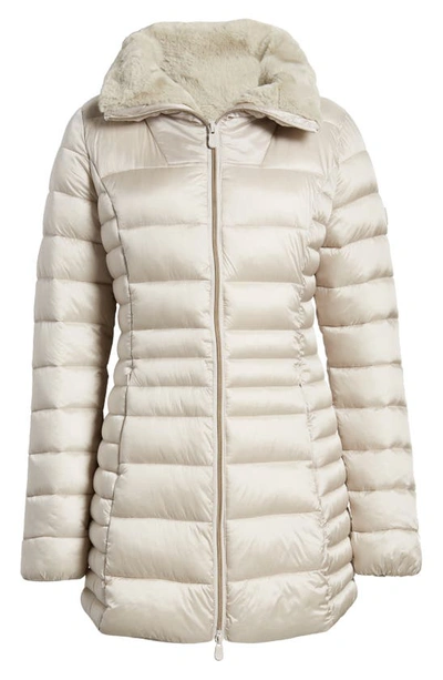 Save The Duck Caroline Faux Fur Collar Longline Puffer Jacket In Rainy Beige