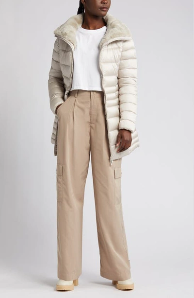 Save The Duck Caroline Faux Fur Collar Longline Puffer Jacket In Rainy Beige