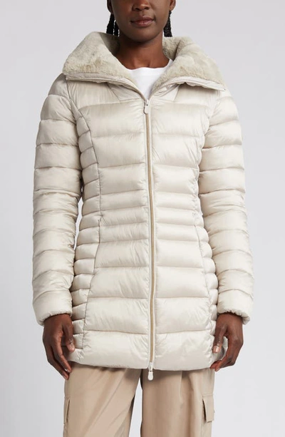 Save The Duck Caroline Faux Fur Collar Longline Puffer Jacket In Rainy Beige