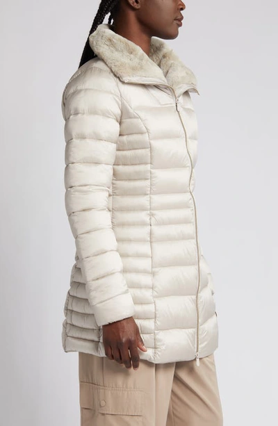 Save The Duck Caroline Faux Fur Collar Longline Puffer Jacket In Rainy Beige