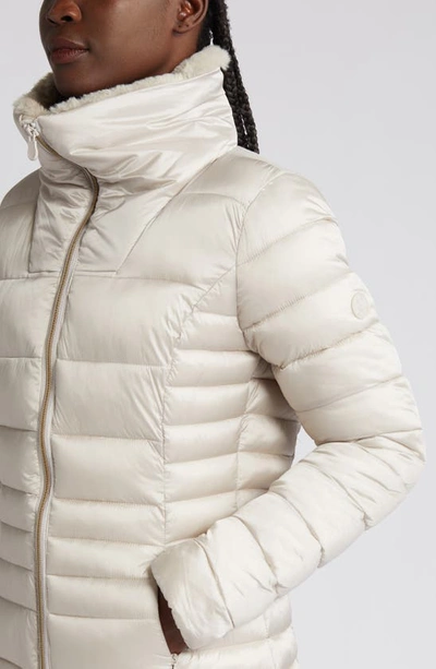 Save The Duck Caroline Faux Fur Collar Longline Puffer Jacket In Rainy Beige