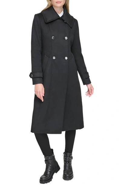 Shop Karl Lagerfeld Wing Collar Wool Blend Peacoat In Black