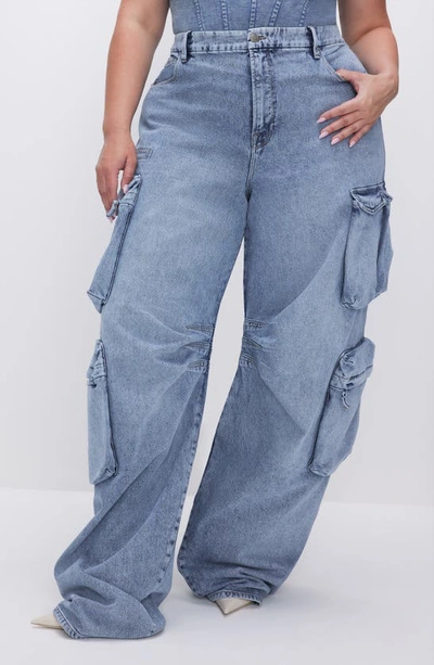 Shop Good American Wide Leg Denim Cargo Jeans In Indigo301