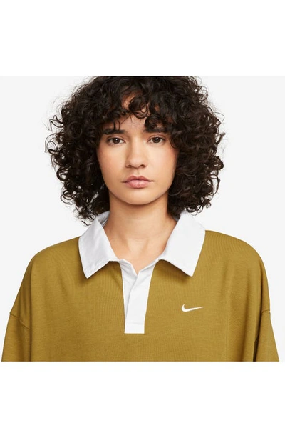 Shop Nike Sportswear Essentials Oversize Long Sleeve Polo In Bronzine/ White