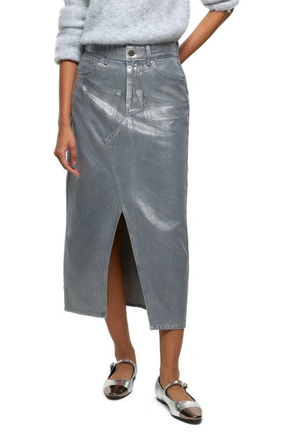 Shop River Island Metallic Coated Cotton Denim Midi Skirt In Grey
