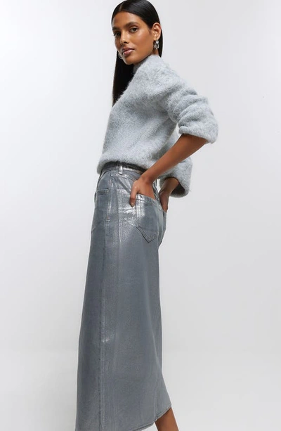 Shop River Island Metallic Coated Cotton Denim Midi Skirt In Grey