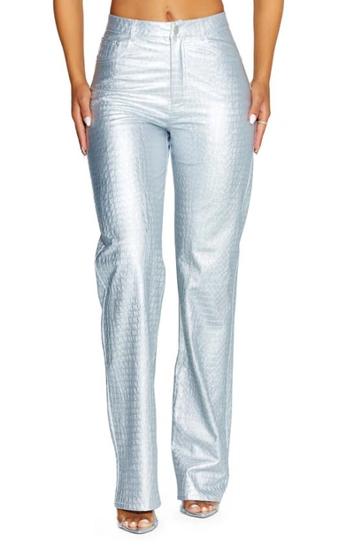 Shop Naked Wardrobe Straight Croc Faux Leather Straight Leg Pants In Silver