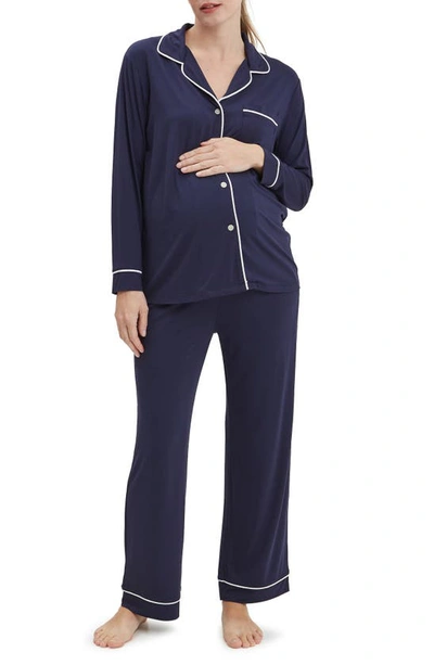 Shop Nom Maternity Heart On My Sleeve Penelope Jersey Maternity/nursing Pajamas In Navy