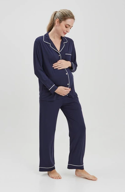 Shop Nom Maternity Heart On My Sleeve Penelope Jersey Maternity/nursing Pajamas In Navy