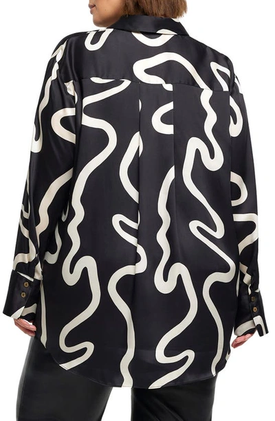 Shop River Island Oversize Abstract Print Satin Button-up Shirt In Black