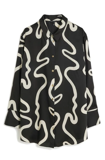 River Island Oversize Abstract Print Satin Button-up Shirt In Black