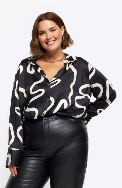 River Island Oversize Abstract Print Satin Button-up Shirt In Black