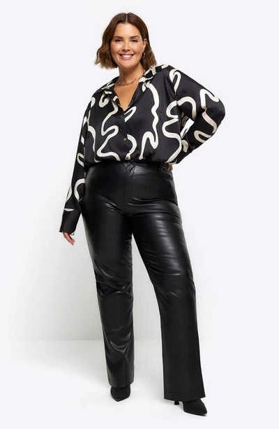 River Island Oversize Abstract Print Satin Button-up Shirt In Black