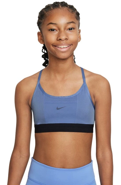 Shop Nike Kids' Dri-fit Indy Metallic Sports Bra In Polar/ Black/ Diffused Blue