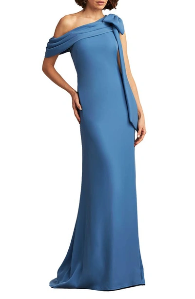 Shop Tadashi Shoji One-shoulder Crepe Column Gown In Cadet Blue