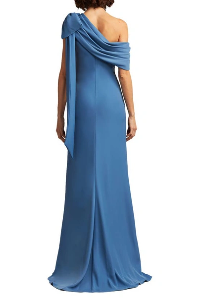 Shop Tadashi Shoji One-shoulder Crepe Column Gown In Cadet Blue