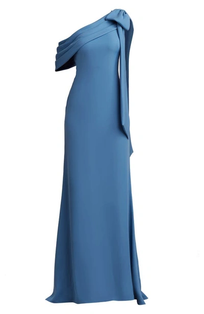 Shop Tadashi Shoji One-shoulder Crepe Column Gown In Cadet Blue