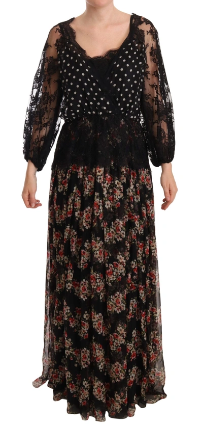 Shop Dolce & Gabbana Elegant Lace Floral Maxi Dress With Polka Women's Dots In Black