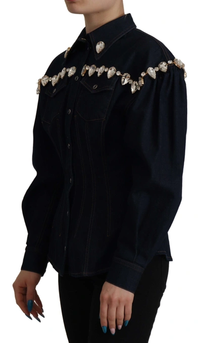 Dolce & Gabbana Blue Denim Crystal Embellish Cotton Jacket In Blue