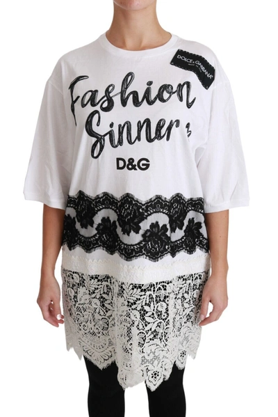 Dolce & Gabbana White Fashion Sinner Cotton Lace T-shirt Top In Black/white