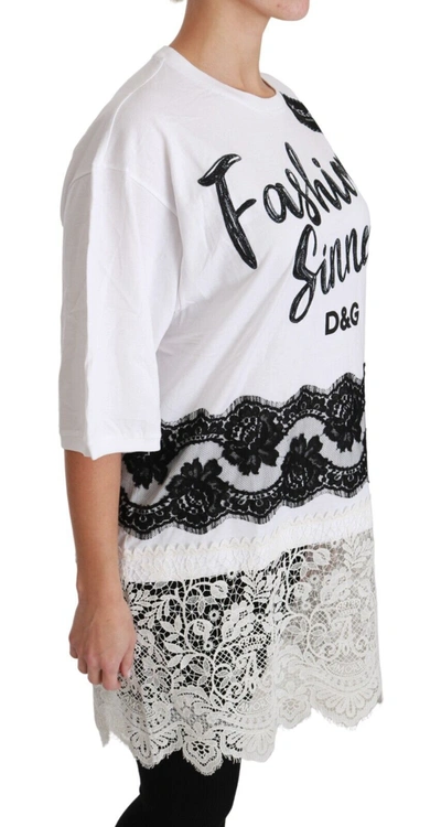 Dolce & Gabbana White Fashion Sinner Cotton Lace T-shirt Top In Black/white