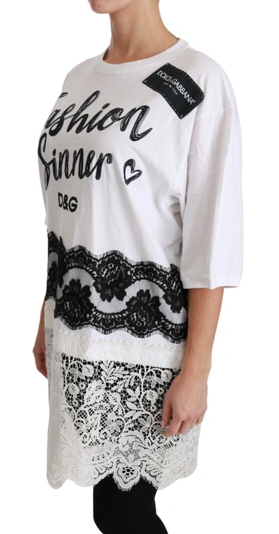 Dolce & Gabbana White Fashion Sinner Cotton Lace T-shirt Top In Black/white