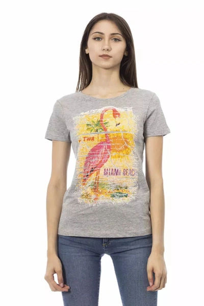 Shop Trussardi Action Chic Gray Cotton Blend Tee With Artistic Women's Print