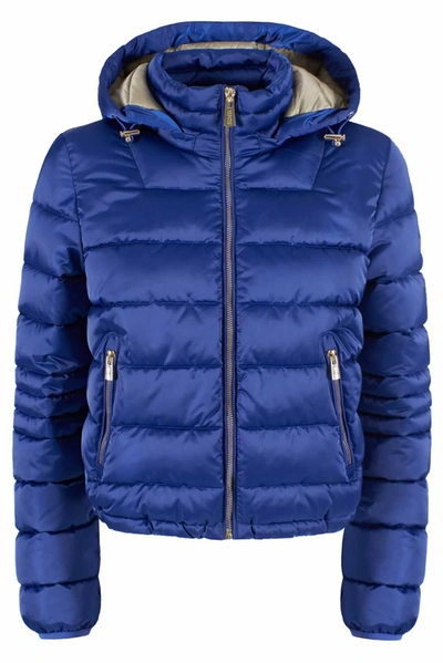 Shop Yes Zee Chic Zippered Short Down Jacket With Women's Hood In Blue