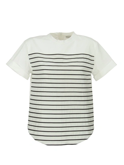 Shop Brunello Cucinelli Stretch Cotton Poplin T Shirt With Shiny Stripes