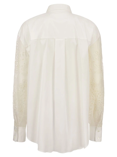 Shop Brunello Cucinelli Stretch Cotton Poplin Shirt With Crispy Silk Broderie Anglaise Sleeve