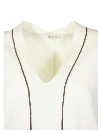 Shop Brunello Cucinelli White V Neck Sweater Cashmere Sweater With Monili