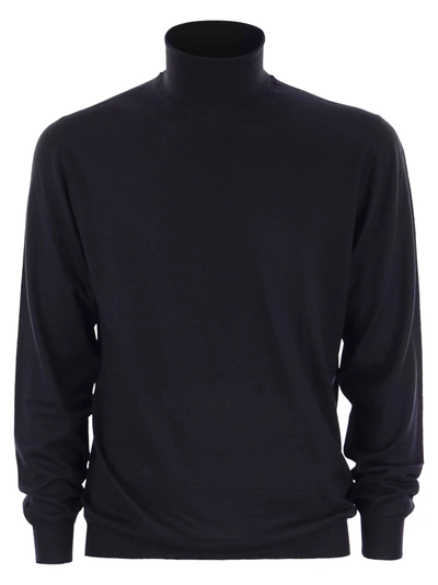 Fedeli Man Navy Blue Turtleneck Cashmere And Silk Pullover