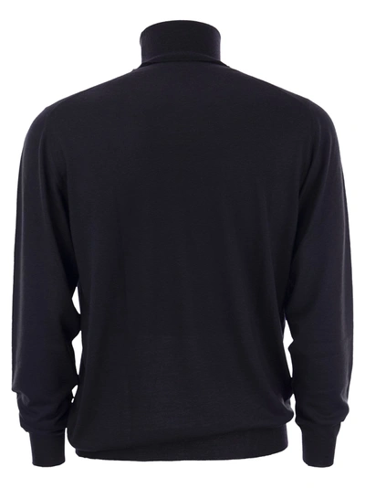 Fedeli Man Navy Blue Turtleneck Cashmere And Silk Pullover